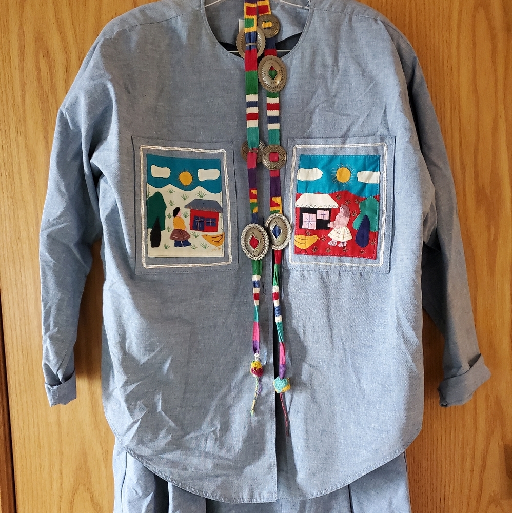 Long sleeve denim button up with denim skirt